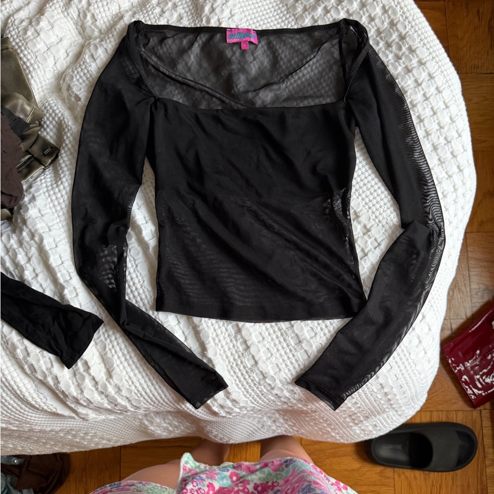 Edikted Black Long-Sleeve Mesh Square Neck Top